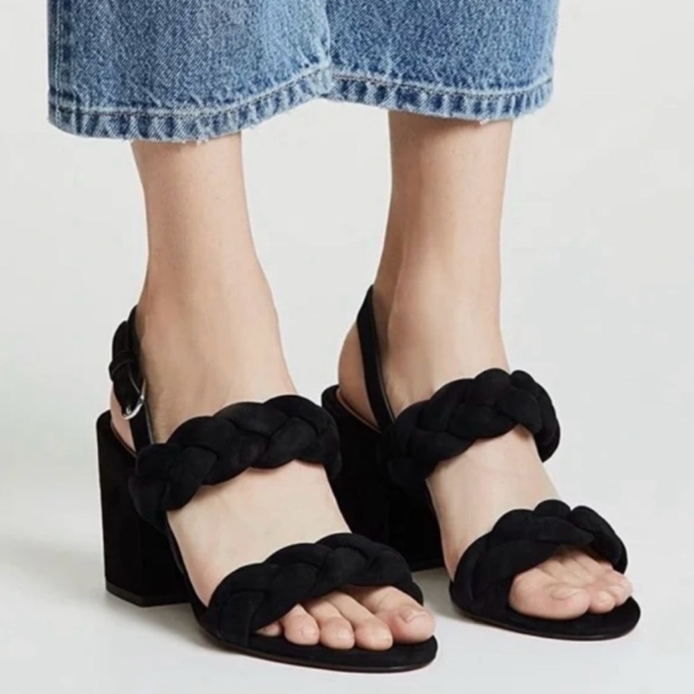 REBECCA MINKOFF Black Braided Strap Block Heel Sandals